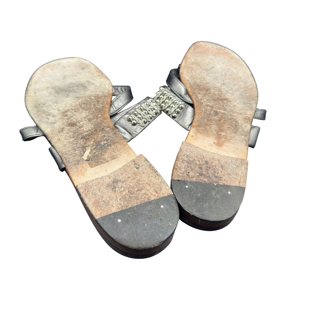 Manolo Blahnik Metallic Pewter Leather Studded Flat Sandals Italy Sz 39.5 US 9.5 - Picture 8 of 9